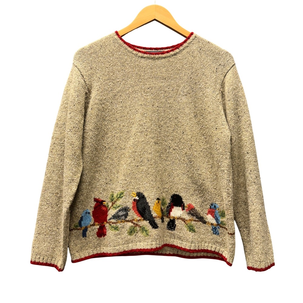 Northern Isles Sweater Womens Large Bird Embroidered Tan Knit Pullover Vintage
